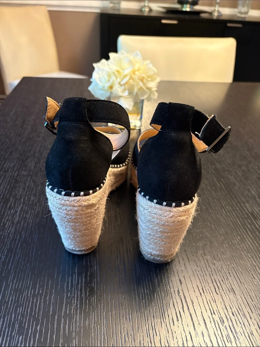 Crown Vintage Black Suede Ankle-Strap Espadrille Wedges